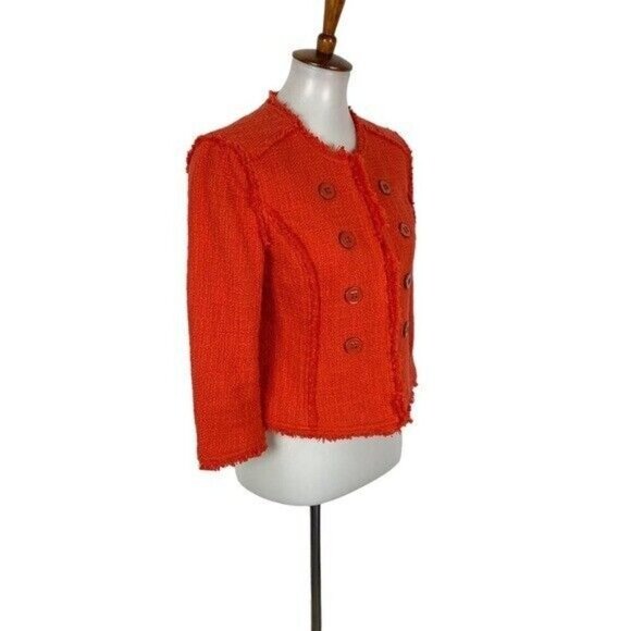 Jacqueline Riu Red Boucle Double Breasted Jacket Blazer Frayed Trim Button 36 - Picture 3 of 6